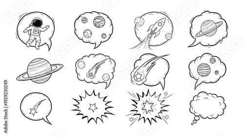 Cosmic Dialogue Bubbles: A collection of black and white line art speech bubbles depicting space-themed elements, perfect for illustrating conversations about the cosmos. 