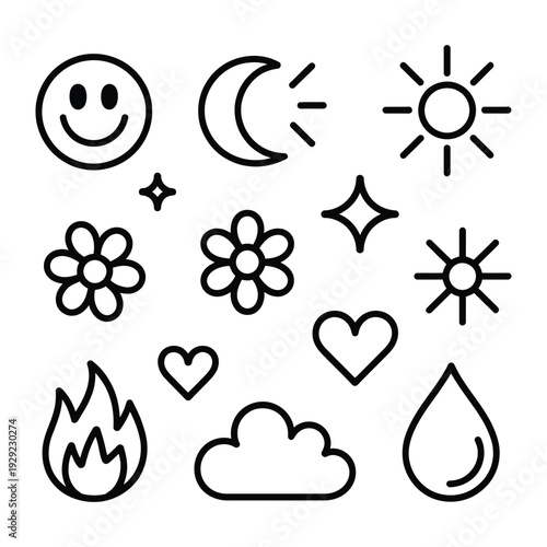Iconic Elements Design: A collection of charming line art icons featuring an array of symbolic representations. Perfect for conveying a multitude of concepts and emotions. 