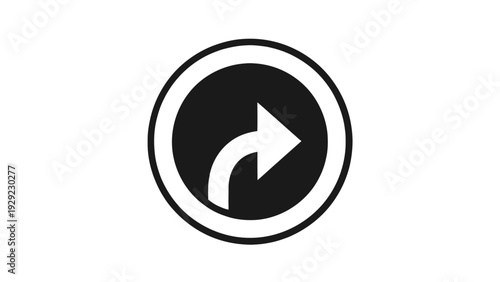 White Curved Arrow in Black Circle Icon Pointing Right Isolated on White