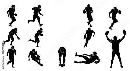 American Football Player Silhouettes – Action Pose Vector Set of Athletes and Touchdown Celebrations
