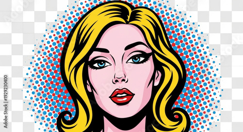 Pop art portrait of a beautiful woman with blonde hair and a captivating gaze.