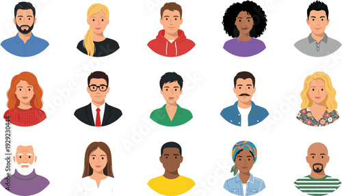 Diverse people avatar collection, multicultural men and women profile portraits, modern flat vector character set for social media and business