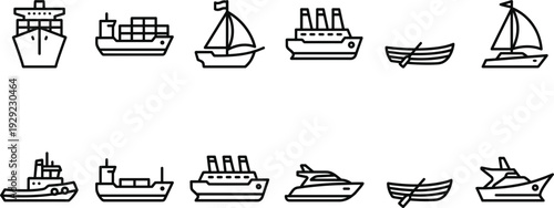 Ship and Boat Outline Icon Collection Cargo Yacht Fishing Sail Vector Illustration Set