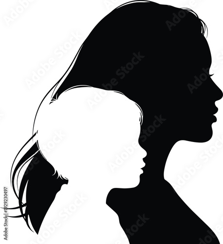 Mother and child silhouette, profile of woman and baby in negative space, maternal love and parenting concept vector illustration