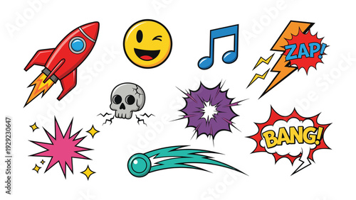 Pop Art Graphics: Vibrant cartoon graphics burst with energy and creativity, featuring a whimsical rocket, playful emojis, musical note, dynamic lightning bolts, and explosive speech bubbles.