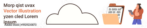 Data storage, file management, cloud services, digital analysis, productivity, technology. A cloud icon, folder with binary code and a person examining data. Data storage and file management concept