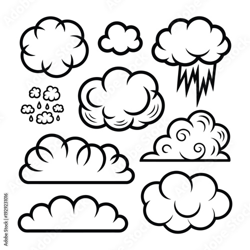 Cloud Collection: A collection of various cloud illustrations, capturing different shapes and weather elements, perfect for design and weather-related themes.