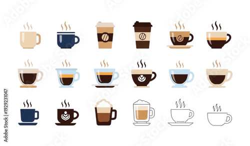 A collection of various coffee cups and mugs in a flat vector illustration