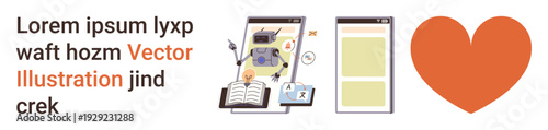 Online education, artificial intelligence, digital assistance, technology, user interface, automation. Robot interacting with book, mobile and app screens orange heart icon. Online education and AI
