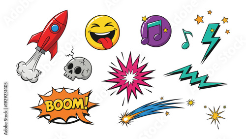 Comic Pop Elements Illustration: a vibrant collection of comic book-style elements, symbols, icons, and illustrations. Perfect for design, and pop-art, bursting with energy and creativity.