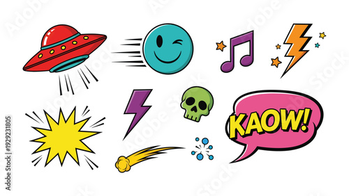 Pop Art Elements Illustration: A vibrant collection of pop art elements explodes with energy, perfect for injecting visual flair into designs and projects.
