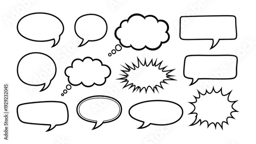 Comic Speech Bubbles: A collection of various hand-drawn comic speech bubbles, perfect for adding text, dialogue, and thought bubbles to any creative project. 