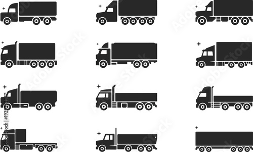 Cargo truck silhouettes collection with delivery and semi trailer vehicles isolated on white background commercial transport illustration set