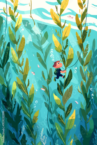 Scuba Diver Inspecting Coastal Kelp Farm