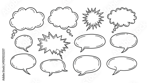 Comic Speech Bubbles: A collection of various comic speech bubbles, perfect for conveying thoughts, dialogue, and exclamations in visual storytelling.
