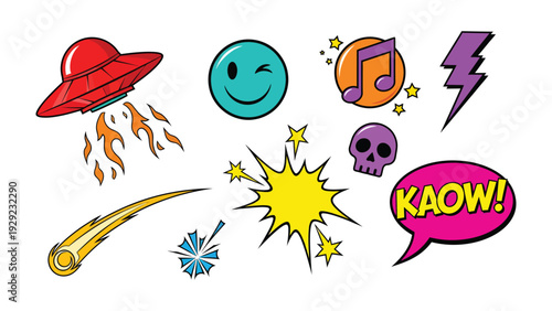 Pop Art Elements: A vibrant collection of pop art elements, including a UFO, a winking face, musical note, lightning bolt, shooting star, explosion, skull.