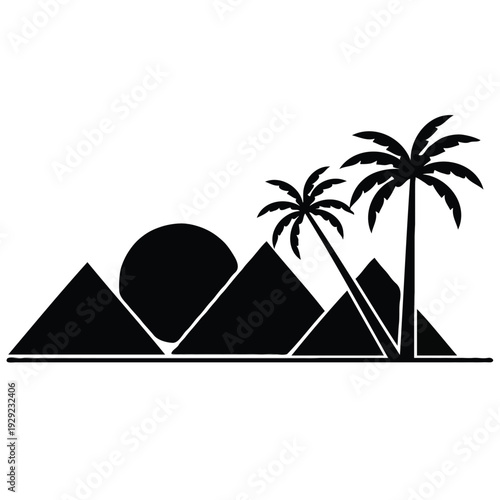 Desert Landscape Silhouette with Pyramids and Palm Trees