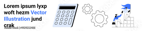 Business efficiency, teamwork, productivity, calculation, process optimization, workflow execution. A calculator, gears and a worker stacking boxes. Calculation and productivity concept