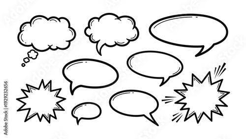 Dialogue Bubbles and Thought Balloons: A collection of various hand-drawn dialogue bubbles and thought balloons, perfect for adding a creative touch to your designs, comics, and illustrations.