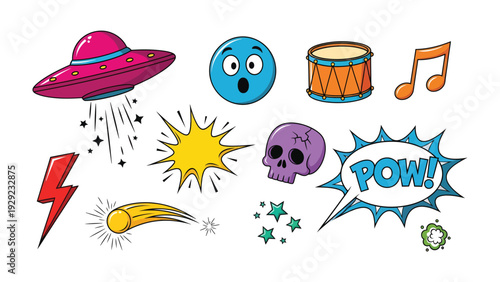 Comic Elements: A vibrant collection of comic book elements, each bursting with personality. From a retro UFO soaring through the cosmos to a musical note, this scene is a visual feast.