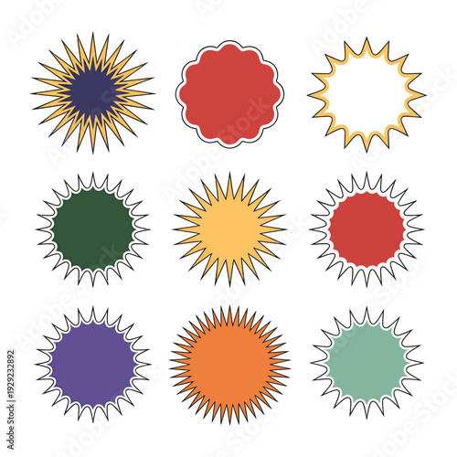 Assorted Shape Emblems: An array of colorful, multi-shaped emblems, bursting with vibrant hues and creative designs, ideal for conveying a sense of uniqueness and visual flair. 