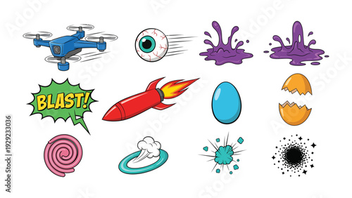 Cartoon Elements: A vibrant collection of playful cartoon elements, bursting with color and energy. These cheerful illustrations are perfect for adding a touch of whimsy and fun to any design.