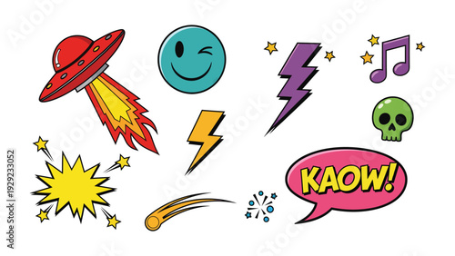 Pop Art Elements Collection: A vibrant assortment of pop art elements, featuring an alien spaceship, winking face, lightning bolt, musical note, skull, starburst, comet and speech bubble.
