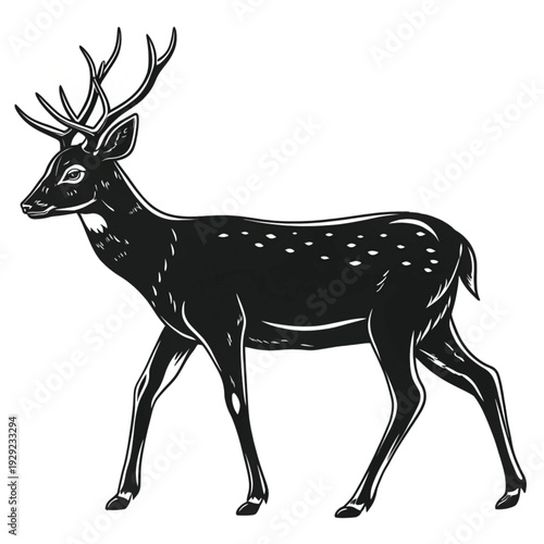Stylized black and white illustration of a majestic spotted deer