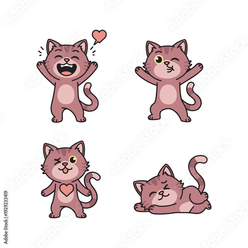 Cute cartoon cats showing emotions and love on white background