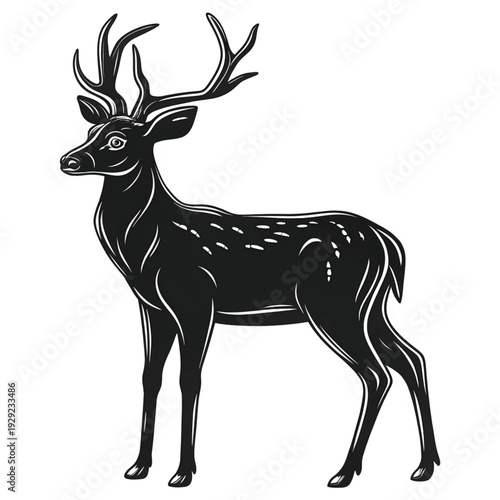 A detailed black and white illustration of a majestic male deer