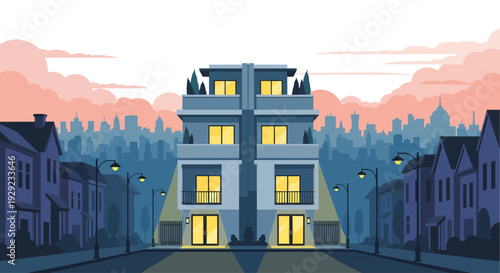 A striking, symmetrical modern building radiates warm yellow light from its windows, standing prominently on a quiet avenue lined with glowing streetlamps beneath a beautifully pastel evening skyline