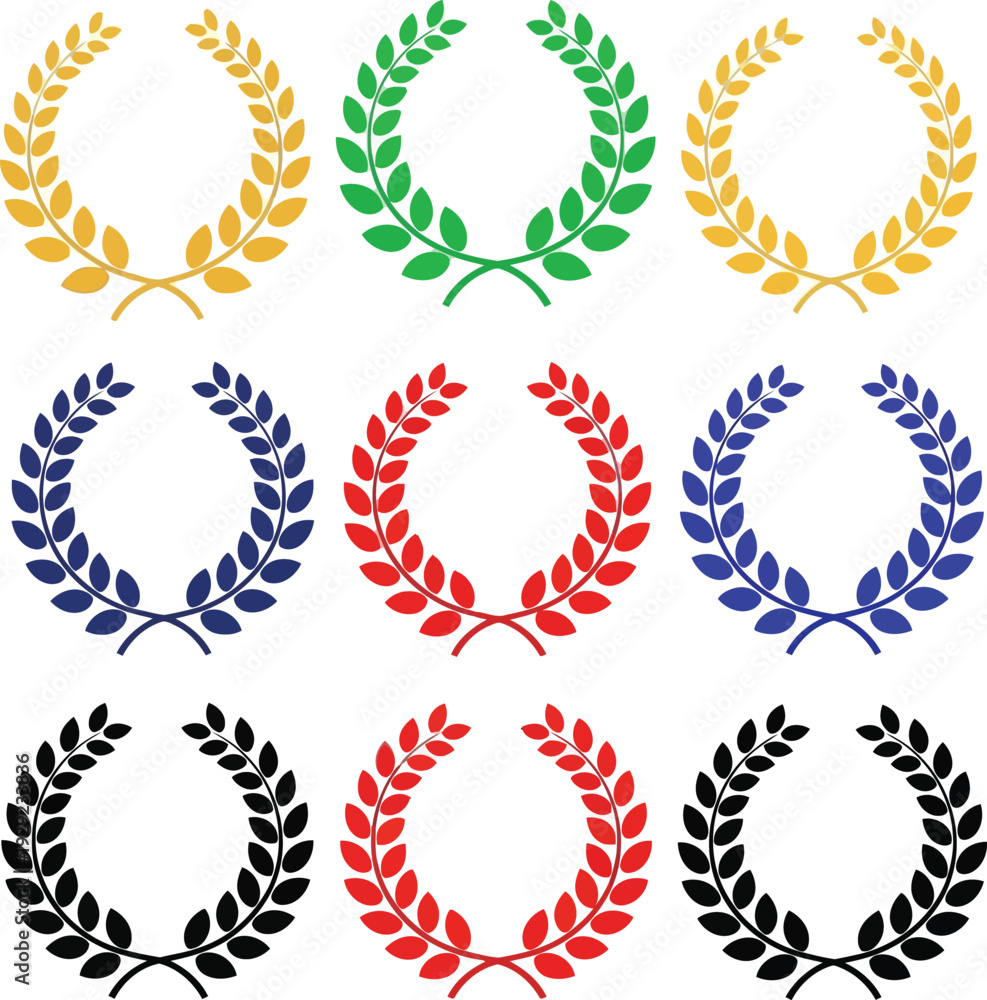 Fototapeta premium Set of colorful laurel wreaths icons for awards and achievements on a white background.