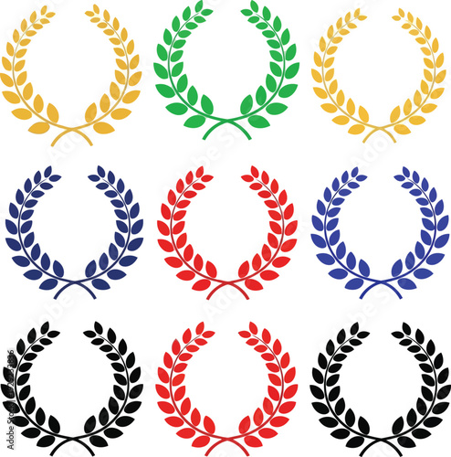 Set of colorful laurel wreaths icons for awards and achievements on a white background.