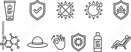 SPF 50 Sunscreen and UV Protection Line Icon Set with Sun Shield Summer Safety Symbols