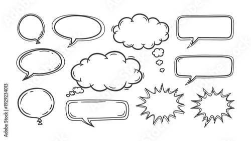 Communication Bubbles: A collection of various comic-style speech bubbles, perfect for illustrating dialogue, thoughts, and ideas, offering a versatile visual element for communication and expression.
