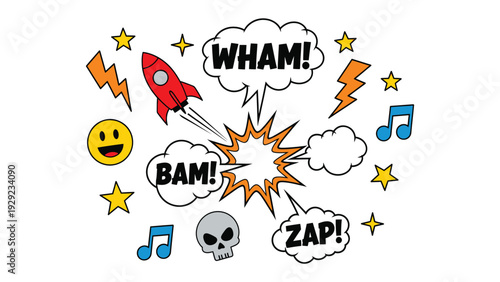 Comic Book Explosion: A dynamic comic book style explosion of expressive sound effects, symbols and graphics.