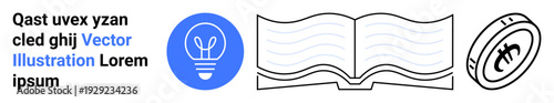 Education, creativity, finance, innovation, learning, business strategy. A blue lightbulb, open book and coin with currency symbol. Education and creativity concepts clearly