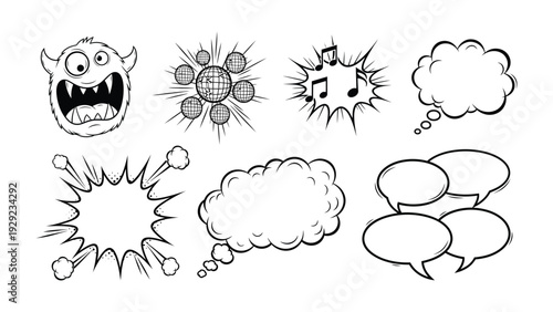 Comic Book Elements: Collection of dynamic cartoon speech bubbles and graphic elements perfect for adding excitement to your comic projects.