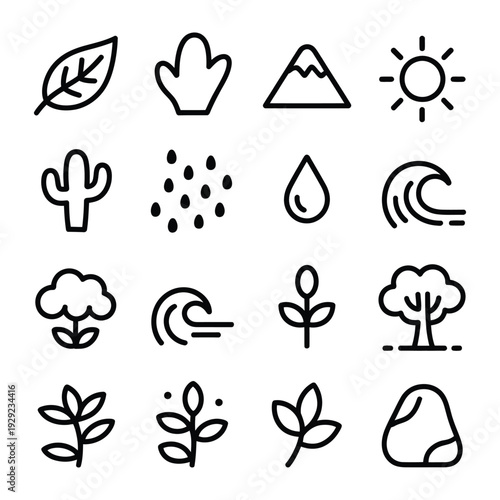 Nature's Essence in Iconic Form: A meticulously crafted collection of minimalist icons, each representing an essential element of nature, from gentle rain to majestic mountain.