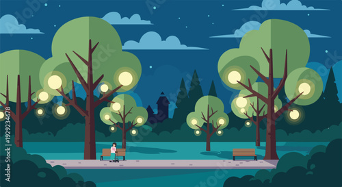 A pixelated park scene featuring trees, benches, and a nighttime sky