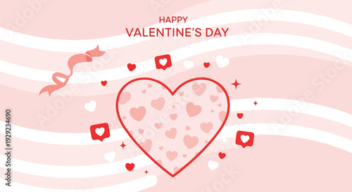 A pink Valentine's Day graphic with heart, hearts, ribbon, and text