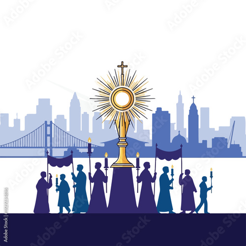 A procession of figures in robes with candles and cityscape backdrop