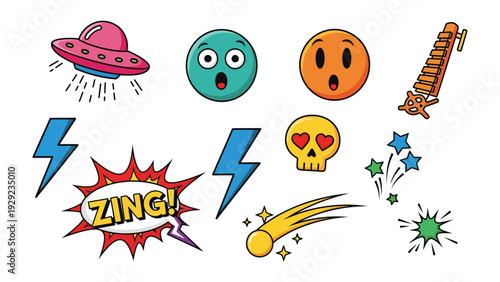 Pop Art Expression: A vibrant collection of comic book elements, showcasing a playful blend of color and dynamic energy. Featuring a space ship, a roller coaster, emoticons, lightning bolt.
