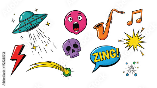 Funky Symbols Collection: A quirky assortment of cartoon icons bursts with color and character, featuring a retro spacecraft, musical instruments and lively emoticons.