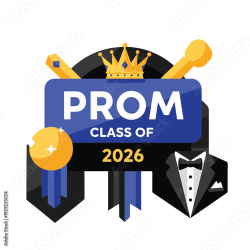 A prom graphic in a flat design, featuring a crown and tuxedo