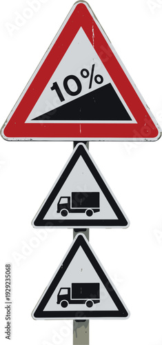 Steep Hill 10 Percent Road Warning Traffic Sign with Truck Descent Symbol Vector Illustration