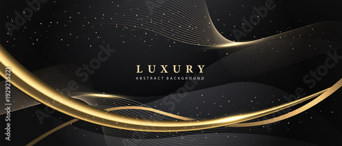 Abstract black luxury background with golden ribbon glitter elements and decoration design modern vector