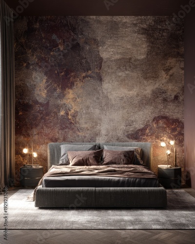 Dark luxury bedroom with textured wall and elegant lighting decor