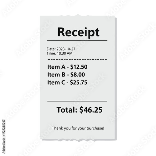 A receipt image shows itemized prices and a total amount, as a graphic