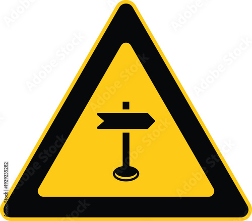 Yellow Triangular Directional Signpost Warning Sign with Arrow Indicator